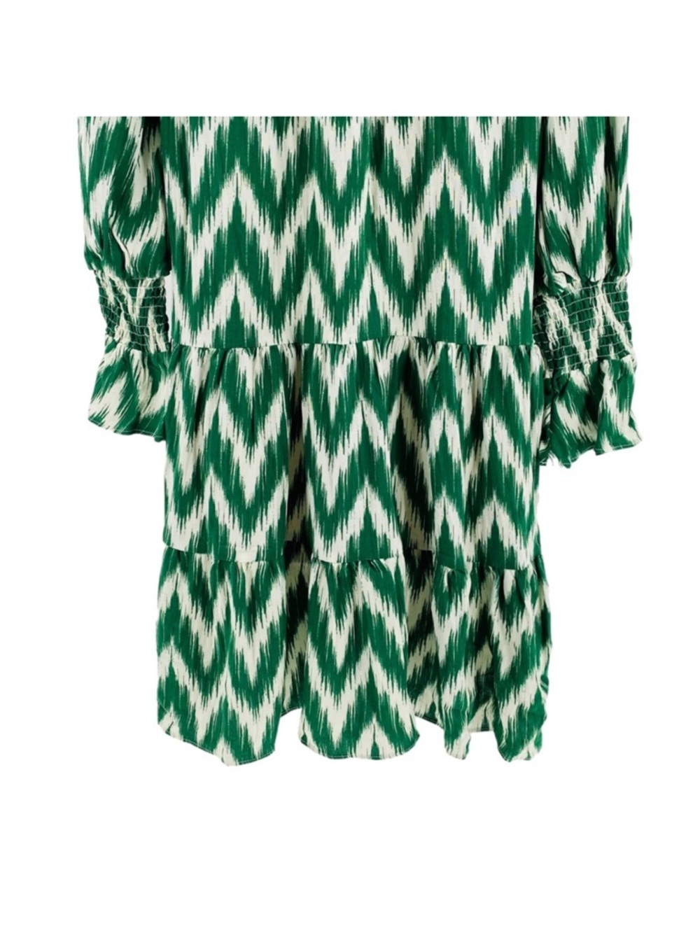 Pomander Place Tuckernuck Green White Ikat Zig Zag Print Tiered Dress Size M - Picture 14 of 14